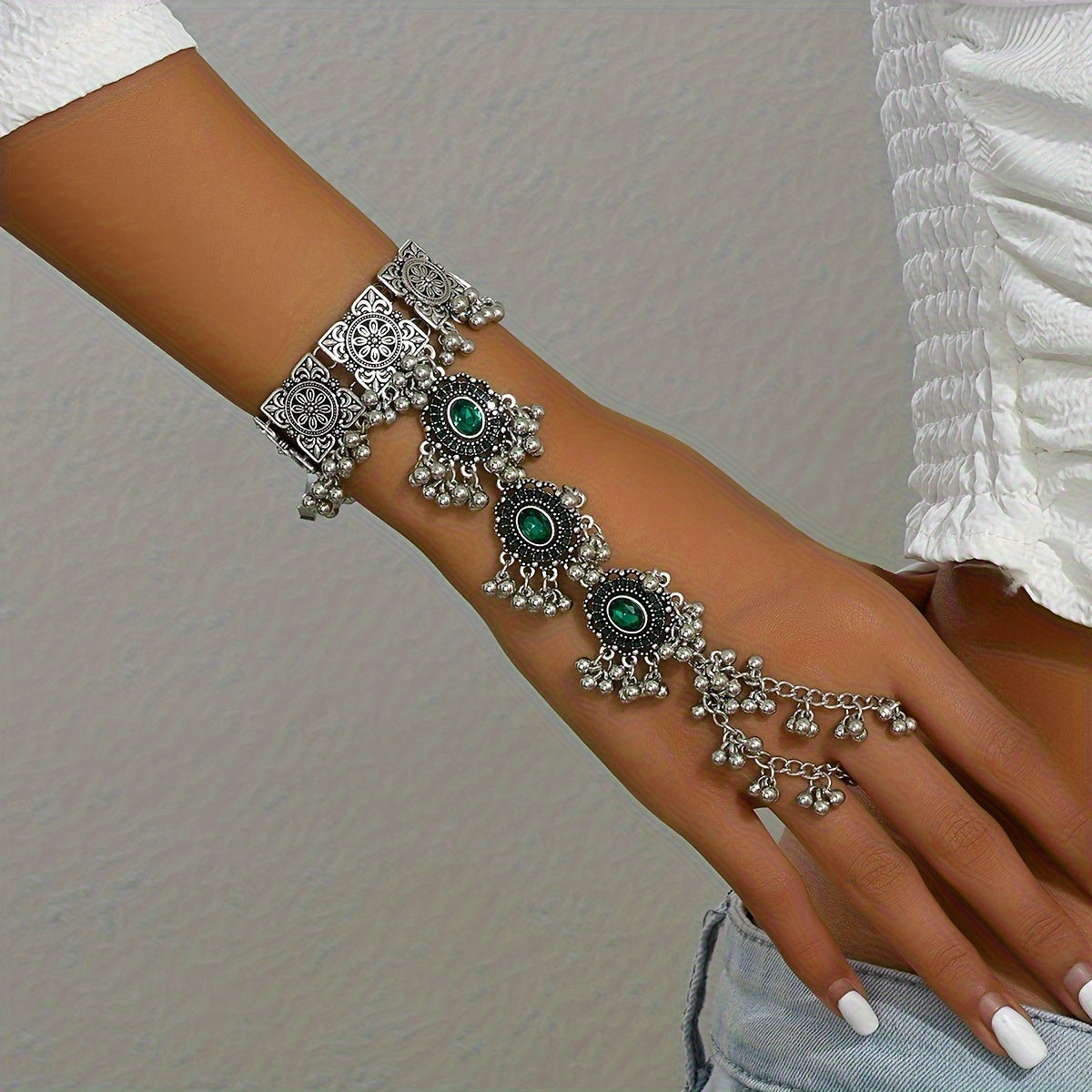 Cuff Bracelet - Turquoise Boho Mitten Vintage Bollywood-Inspired Stone Bangle, Ethnic - product detail view 17
