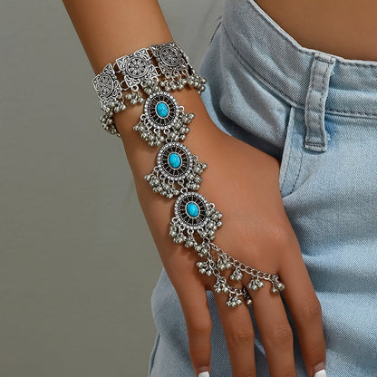 Cuff Bracelet - Turquoise Boho Mitten Vintage Bollywood-Inspired Stone Bangle, Ethnic - product detail view 18