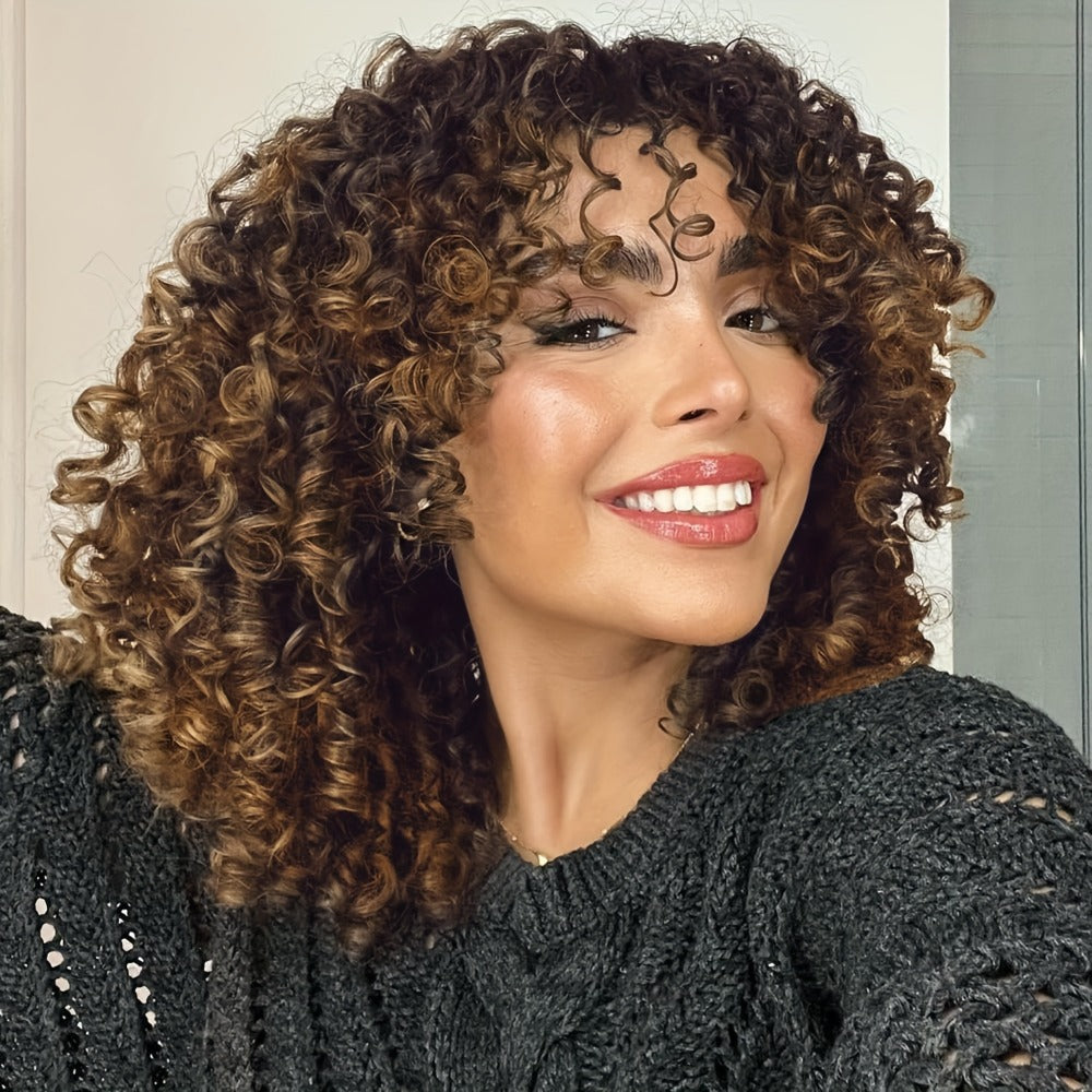 Curly Wig - Afro for Women - Voluminous 12 Inch Soft Synthetic Hair, Black to Brown - product detail view 5