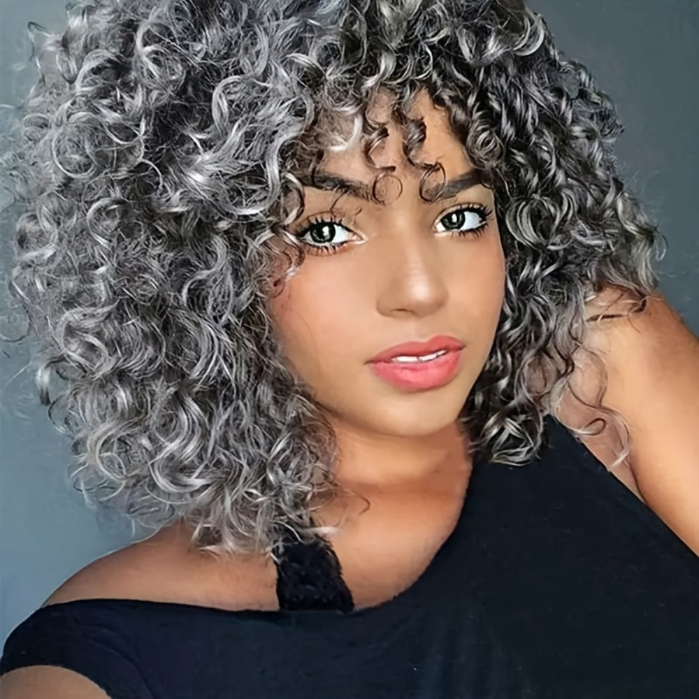 Curly Wig - Afro for Women - Voluminous 12 Inch Soft Synthetic Hair, Black to Brown - product detail view 7