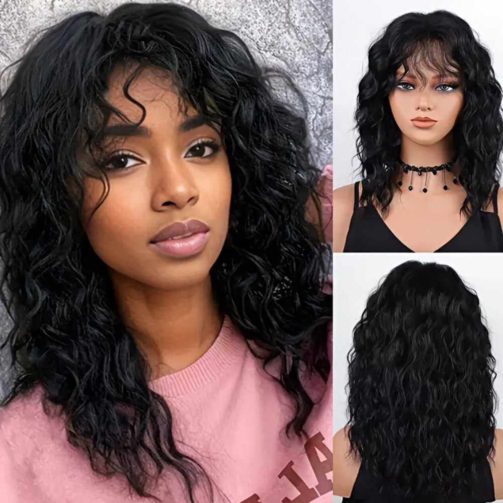 Curly Wig - with Bangs for Women - 18 Inch Black 150% Density Water Wave Synthetic - product detail view 2