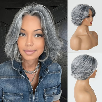 Curly Wig - Grey Layered Bob with Curtain Bangs for Women - 12 Inch Short Wavy - product detail view 3