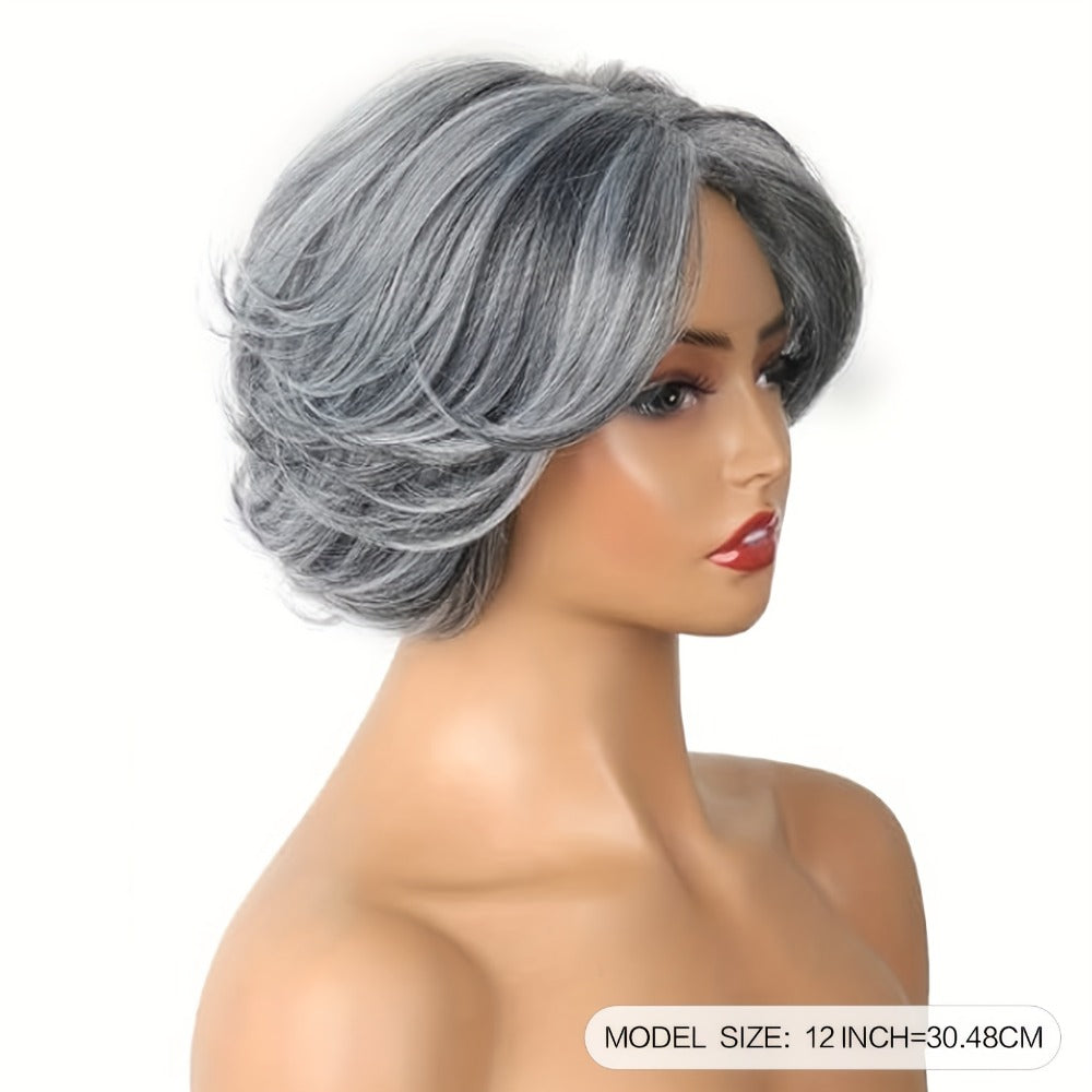 Curly Wig - Grey Layered Bob with Curtain Bangs for Women - 12 Inch Short Wavy - product detail view 4