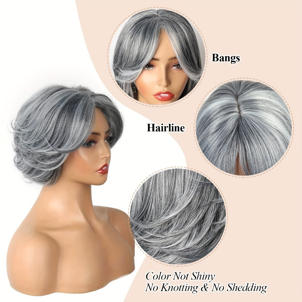 Curly Wig - Grey Layered Bob with Curtain Bangs for Women - 12 Inch Short Wavy - product detail view 6