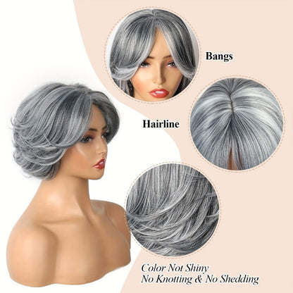 Curly Wig - Grey Layered Bob with Curtain Bangs for Women - 12 Inch Short Wavy - product detail view 6