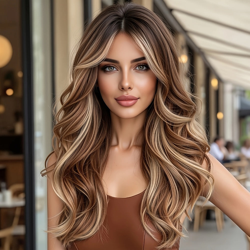 Curly Wig - Long with Butterfly Bangs for Women - 24 Inch Layered Brown Synthetic - main product view