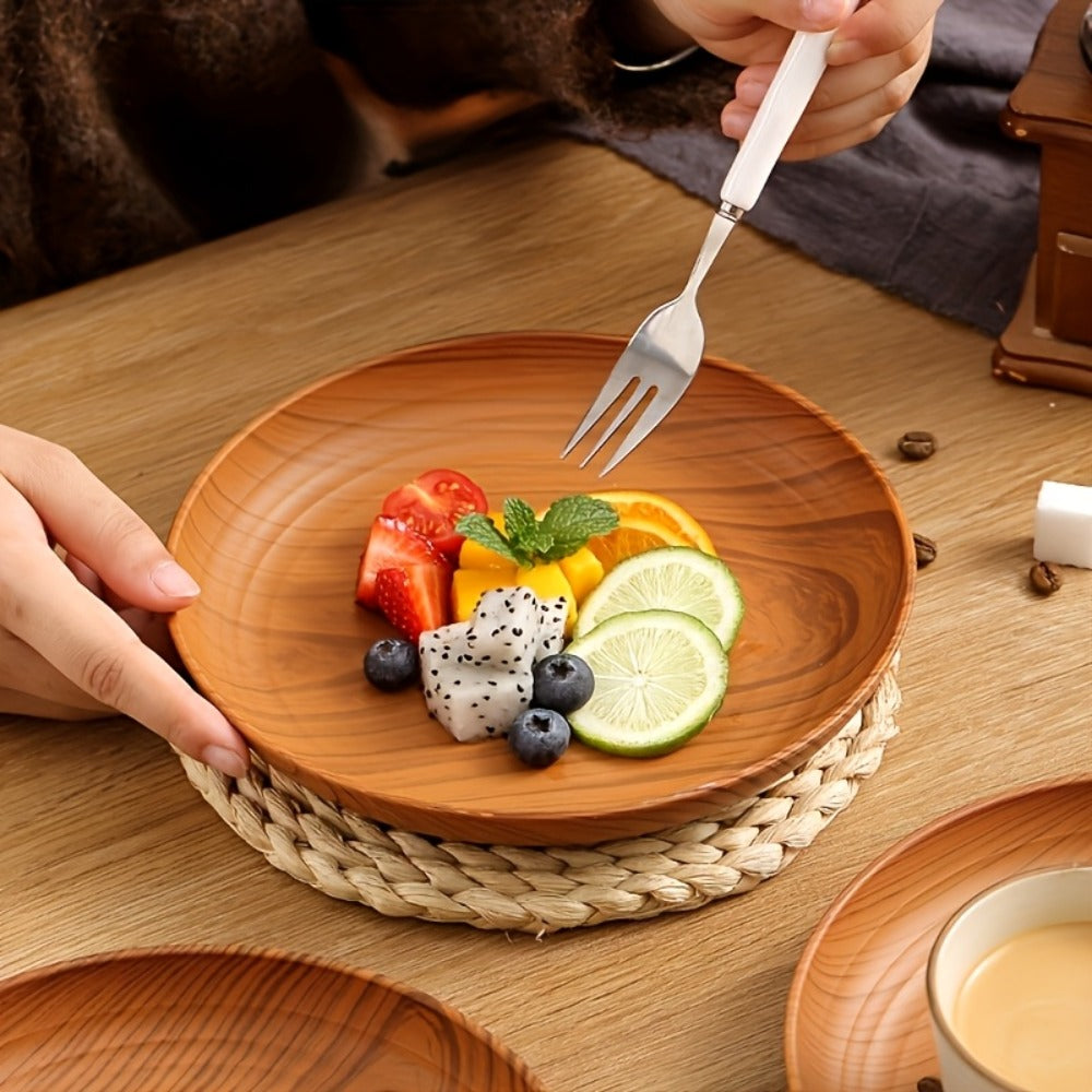 Wood Grain Plastic Dinner Plates Set of 10 – 7.8 Inch Salad Serving Plates for Kitchen Dining Table