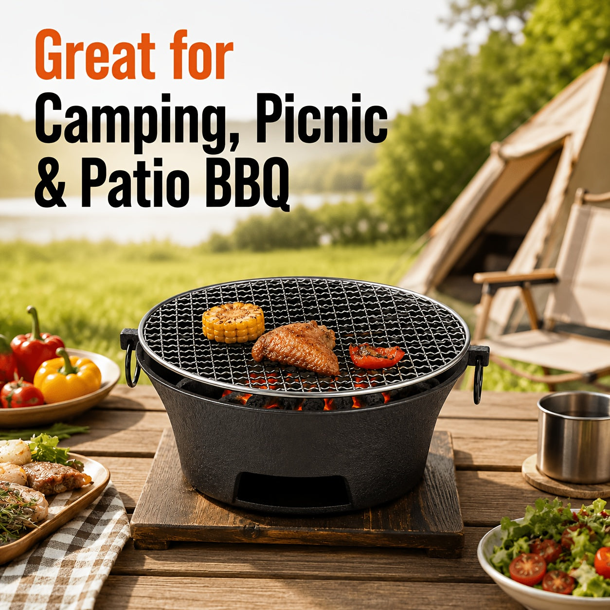 10.25-Inch Round Charcoal Grill with Cast-Iron-Labeled Body, Removable Cooking Grid and Wood Base