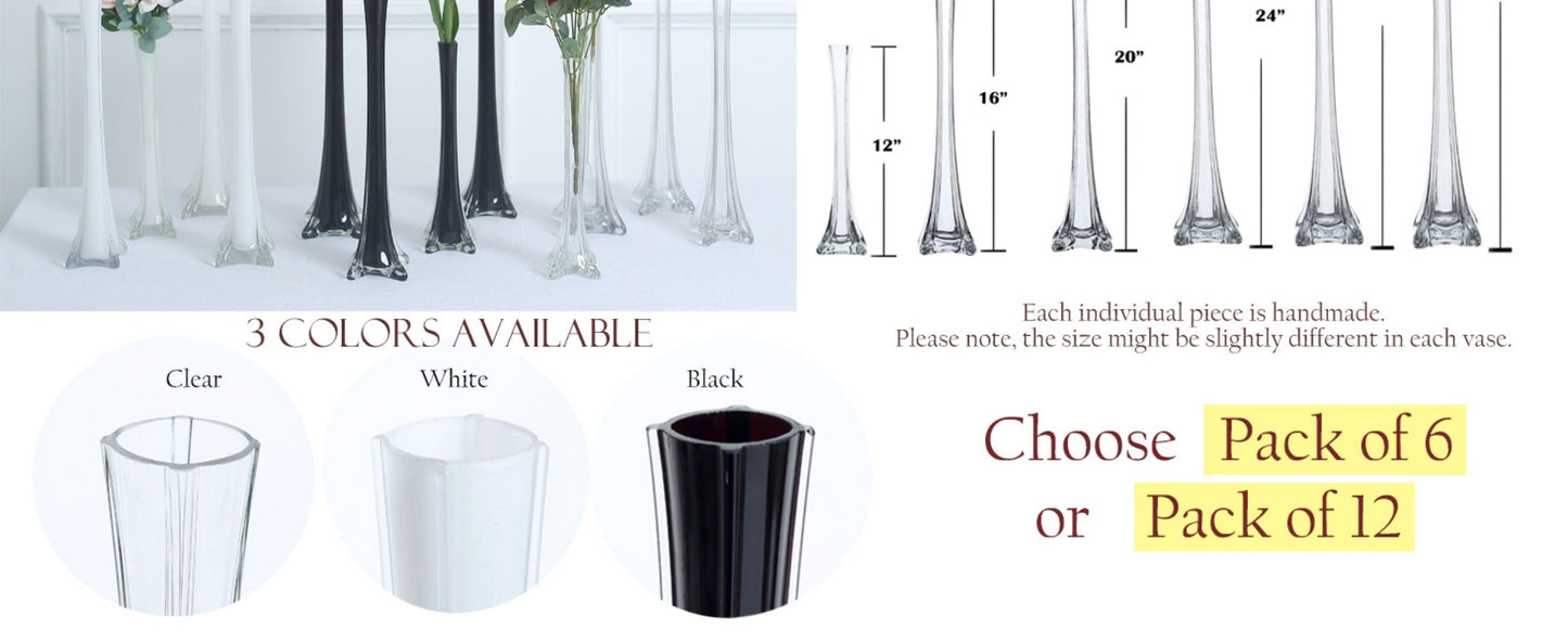 Eiffel Tower Vase Pack of 12 – Tall Glass Flower Vases for Wedding Centerpiece, Event Table Decor, Floral Arrangements & Party Decoration