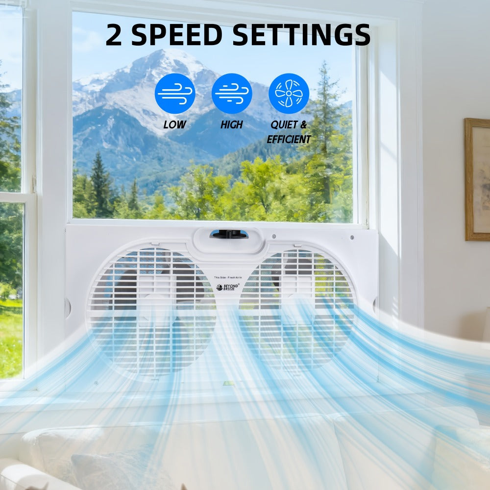 Twin Window Fan 9 Inch Dual Blade, Expandable Width with Thermostat and Remote Control for Home Cooking, Dining and Outdoor Meals
