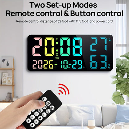 14.6-Inch RGB Digital Wall Clock with Remote, Dual Alarm, Five Brightness Levels and 12 Display Modes