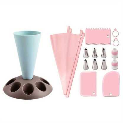 Piping Bag Holder Set 17pcs, Multi-Bag Icing Stand with Various Nozzle Tips for Cake Decorating, Cupcake Frosting, Cookie Decorating