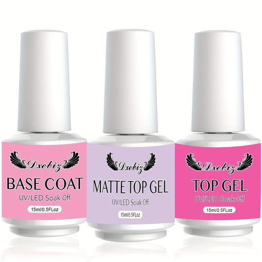 Gel Nail Polish 3-Piece Base and Top Coat Kit with No-Wipe Glossy, Matte and Base Gel for UV/LED Soak-Off Manicures