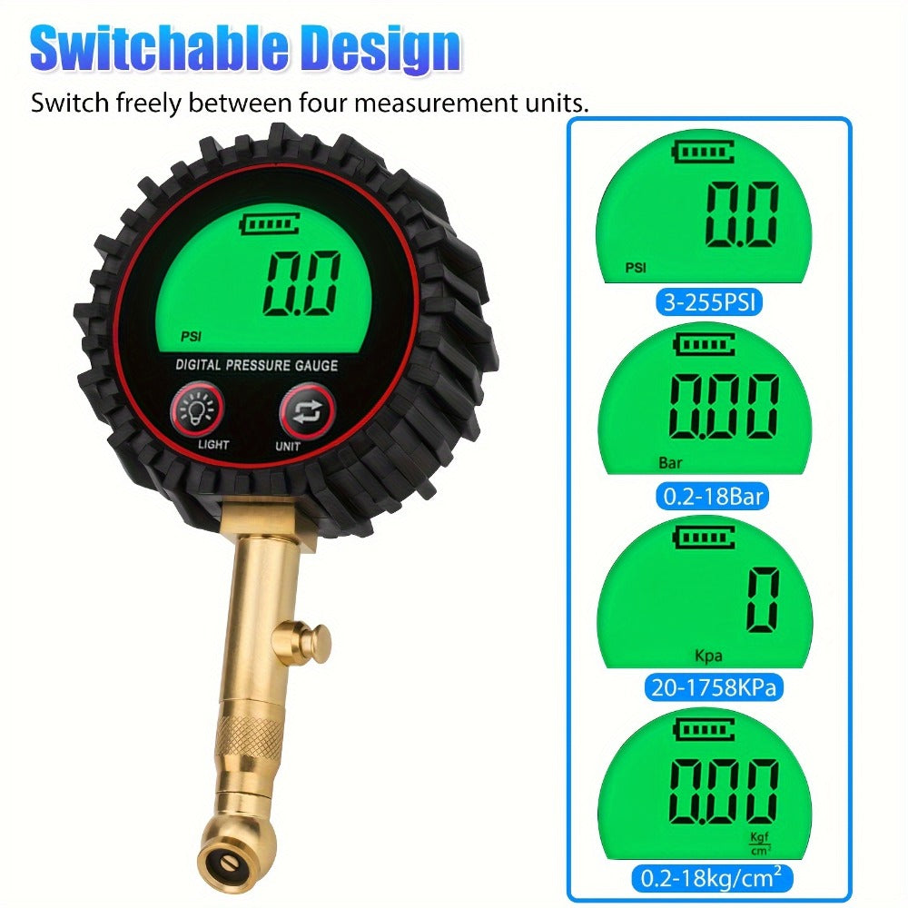 Digital Tire Pressure Gauge LCD 3-255 PSI – 4-Unit Display (PSI/Bar/KPa/kg㎡), Green Backlight, 360° Chuck, Auto Shut-Off for Cars, Trucks