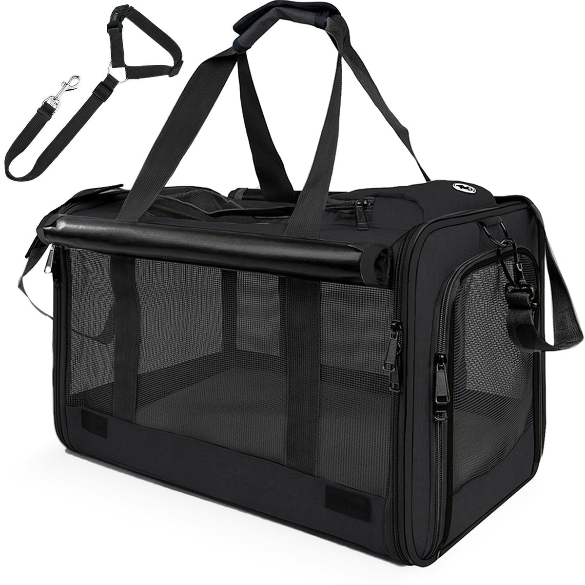 Foldable Pet Carrier Tote with Wide Mesh Panels, Zippered Access, Top Handles and Detachable Shoulder Strap