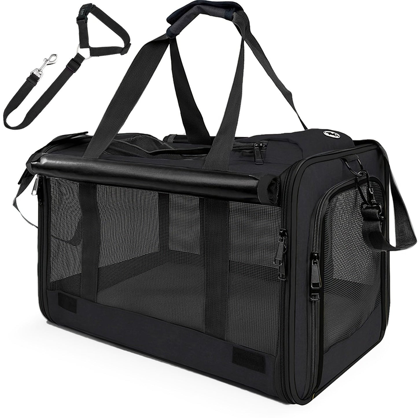 Foldable Pet Carrier Tote with Wide Mesh Panels, Zippered Access, Top Handles and Detachable Shoulder Strap