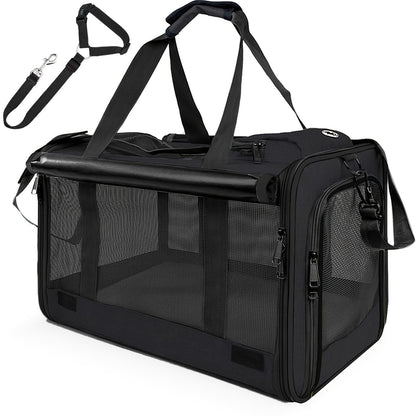 Foldable Pet Carrier Tote with Wide Mesh Panels, Zippered Access, Top Handles and Detachable Shoulder Strap