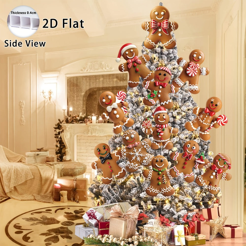 Christmas Tree Ornaments 12pcs Gingerbread Man Decorations 2D Flat Funny Xmas Tree Hanging Decor with Loops