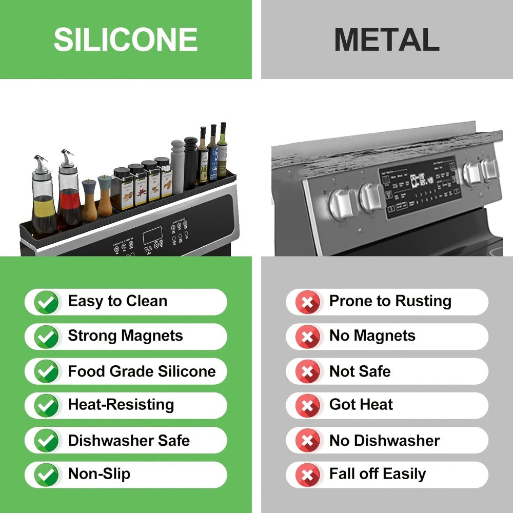 Magnetic Stove Top Shelf Organizer Silicone Spice Rack 30 Inch Heat Resistant Flexible Over Oven Kitchen Storage Organizer Strong Magnetic