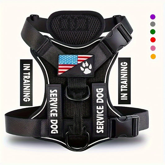 Service Dog Harness with 5 Patches – Reflective Adjustable Oxford Vest with Inner Mesh Layer, Service Dog ID System