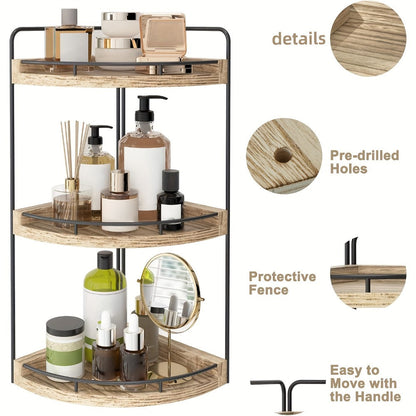 3-Layer Rustic Corner Countertop Storage Rack, 16.93" Wooden Vanity Organizer & Space-Saving Shelf for Bathroom
