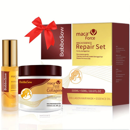 500ml Collagen Hair Mask and Maca Essence Oil Two-Piece Boxed Hair Care Set with Separate Bottles