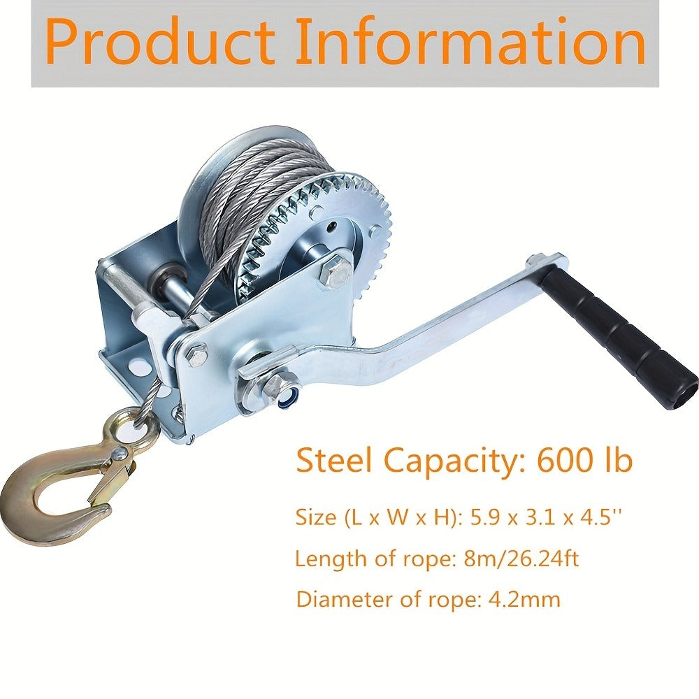 Manual Hand Winch Carbon Steel 800- - Double Brake Safety System, Strap Winch with Mooring Hook & Safety Pawl