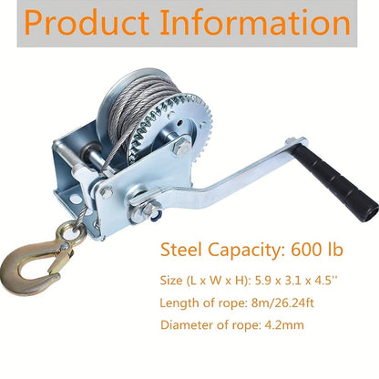 Manual Hand Winch Carbon Steel 800- - Double Brake Safety System, Strap Winch with Mooring Hook & Safety Pawl