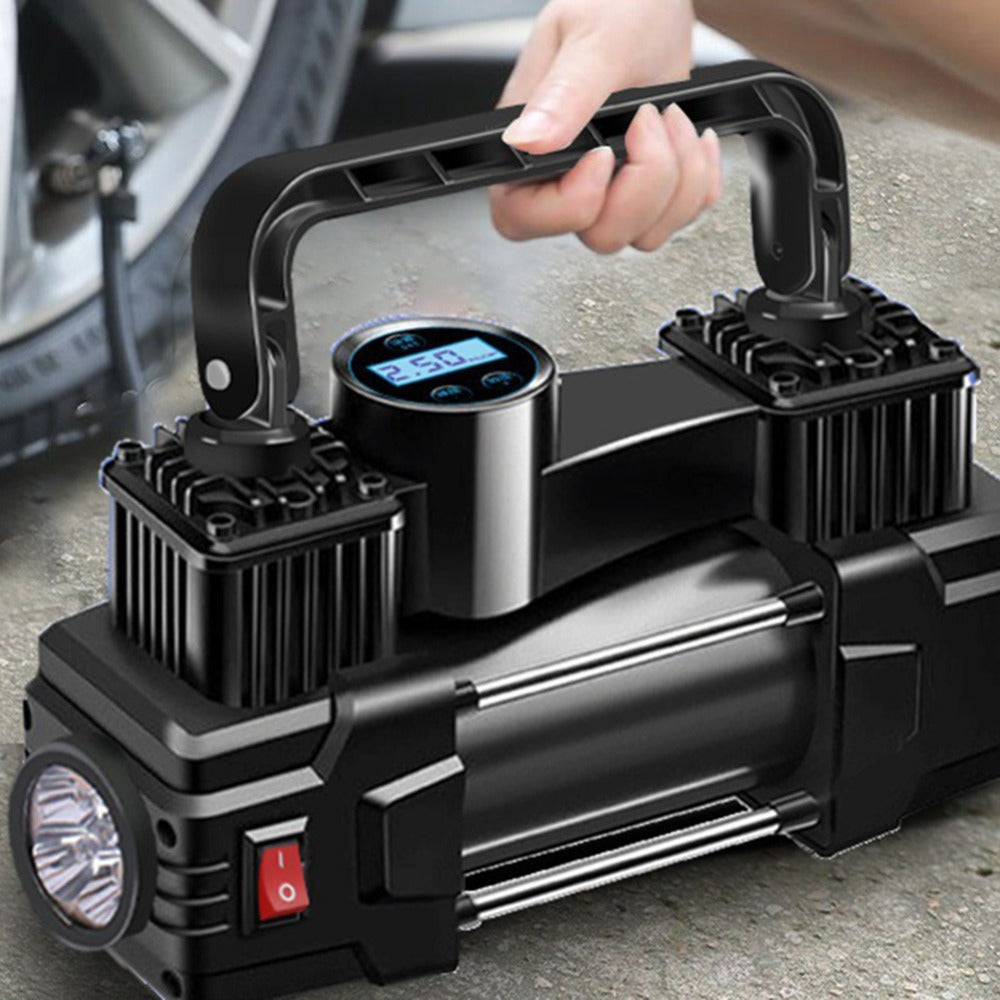 150 PSI 12V Dual-Cylinder Tire Inflator with Analog or Digital Gauge, LED Light and Carry Handle
