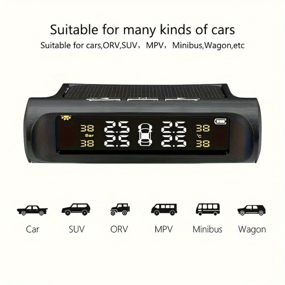 TPMS Tire Pressure Monitor Solar & USB Powered – Real-Time LCD Display, 6-Mode Auto Alarm, Windshield Mount, Day & Night Readable