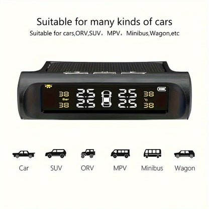 TPMS Tire Pressure Monitor Solar & USB Powered – Real-Time LCD Display, 6-Mode Auto Alarm, Windshield Mount, Day & Night Readable