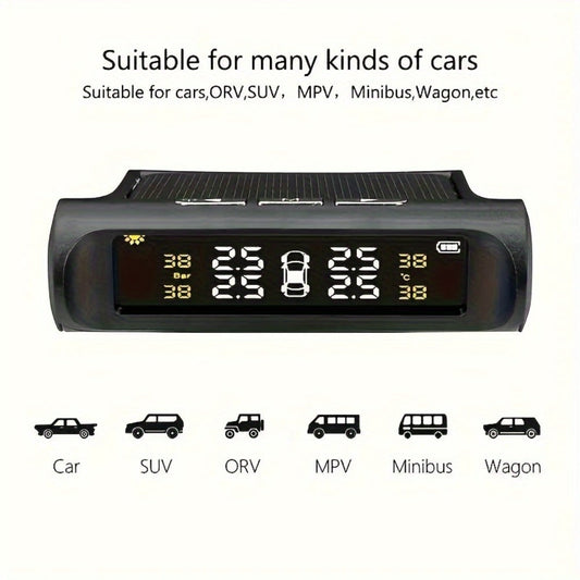 TPMS Tire Pressure Monitor Solar & USB Powered – Real-Time LCD Display, 6-Mode Auto Alarm, Windshield Mount, Day & Night Readable