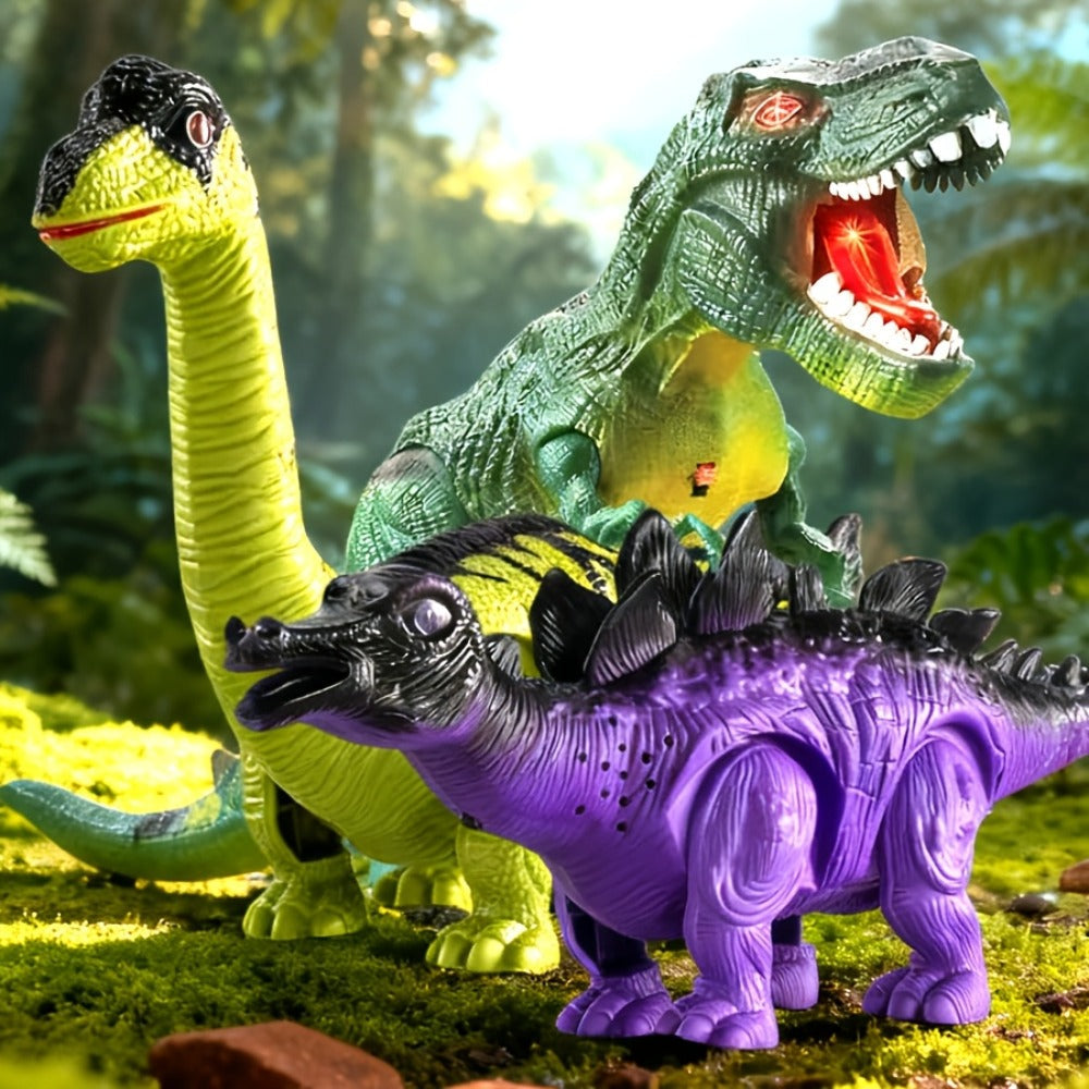 Interactive Dinosaur Toy Set 3 Pack with Walking, Roaring Sound & Lights, Electric T-Rex, Stegosaurus & Brachiosaurus