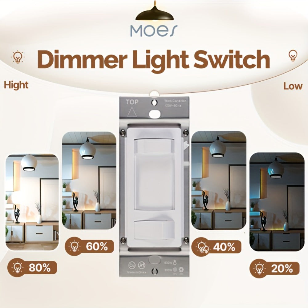 MOES Slide Dimmer Light Switch 3-Way & Single Pole No Neutral Wire, 600W Max, Compatible with LED CFL Incandescent Halogen
