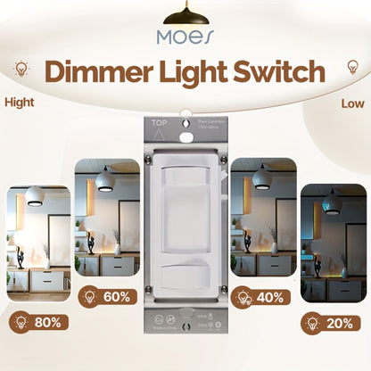 MOES Slide Dimmer Light Switch 3-Way & Single Pole No Neutral Wire, 600W Max, Compatible with LED CFL Incandescent Halogen