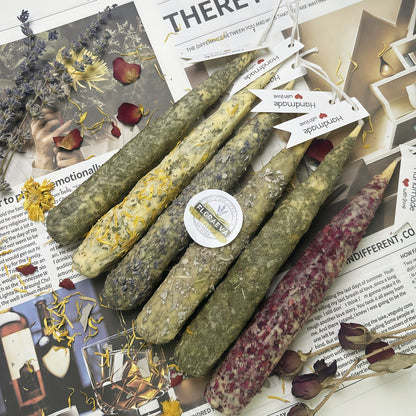 Handmade Herbal Scented Candles Set of 6, Dried Flower Pillar Candles, Sage Lavender Cedar Mint Rose Scents