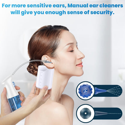 Blue Manual Ear Irrigation Kit with Squeeze Bottle, Separate Catch Cup and Multiple Pictured Tip Shapes