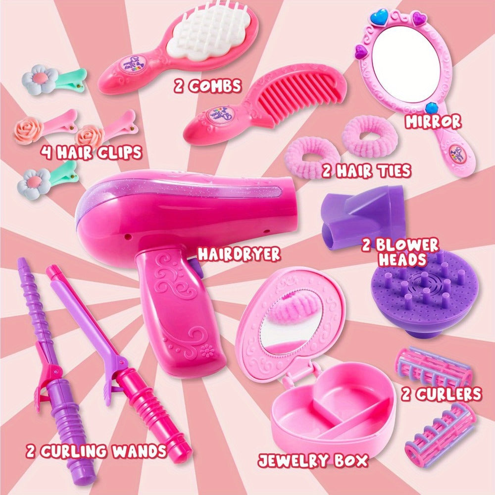 Girls Beauty Salon Toy Set 17 PCS, Pretend Play Hair Stylist Kit with Working Hairdryer Mirror Curling Wands Combs Clips & Jewelry Box