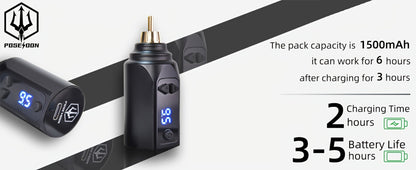 Tattoo Machine Kit POSEIDON TK035 Wireless Rotary Pen with LCD, 1500mAh Battery, 20 Cartridges and Practice Supplies