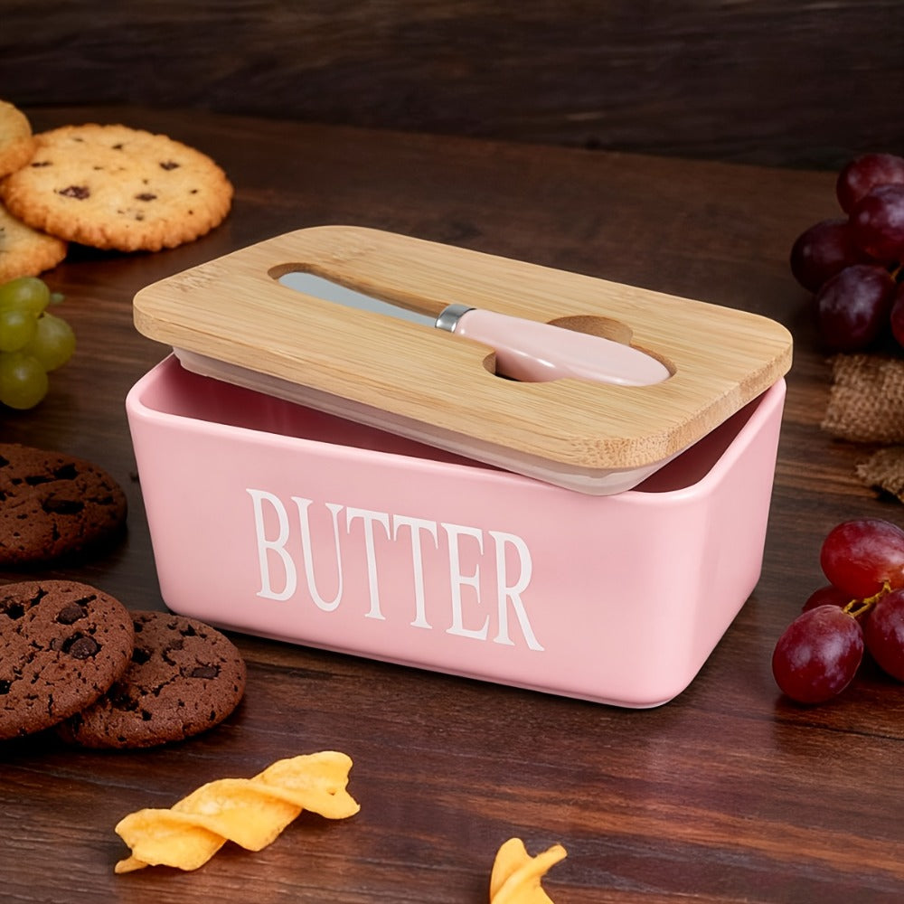 Ceramic Butter Dish with Lid and Knife, Large Countertop Butter Keeper, Airtight Seal, Easy-Clean Design