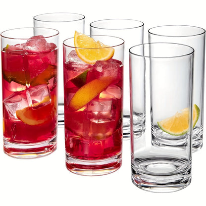 Highball Glass Cups Set of 6 – Thick Bottom Lead-Free Glassware for Juice, Milk & Drinks, Heavy Base Stability