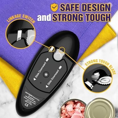 Elongated Cordless Can Opener with Raised One-Click Button in Red or Black Battery-Powered Models