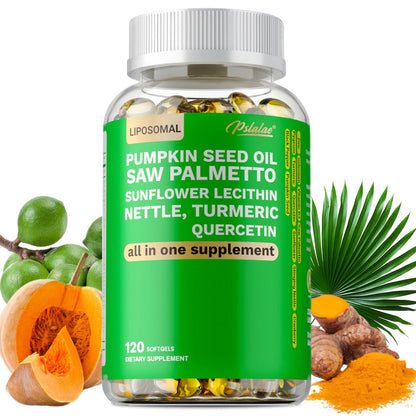 Saw Palmetto Capsules with Pumpkin Seed Oil, Pygeum & Quercetin, Urinary, Bladder, Hair & Heart Health Support for Women & Men