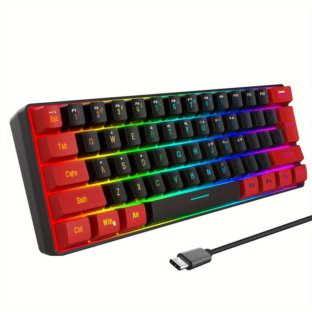 Red-and-Black 61-Key Compact Wired Keyboard with Detachable Cable and Multicolor-Lit Keycaps