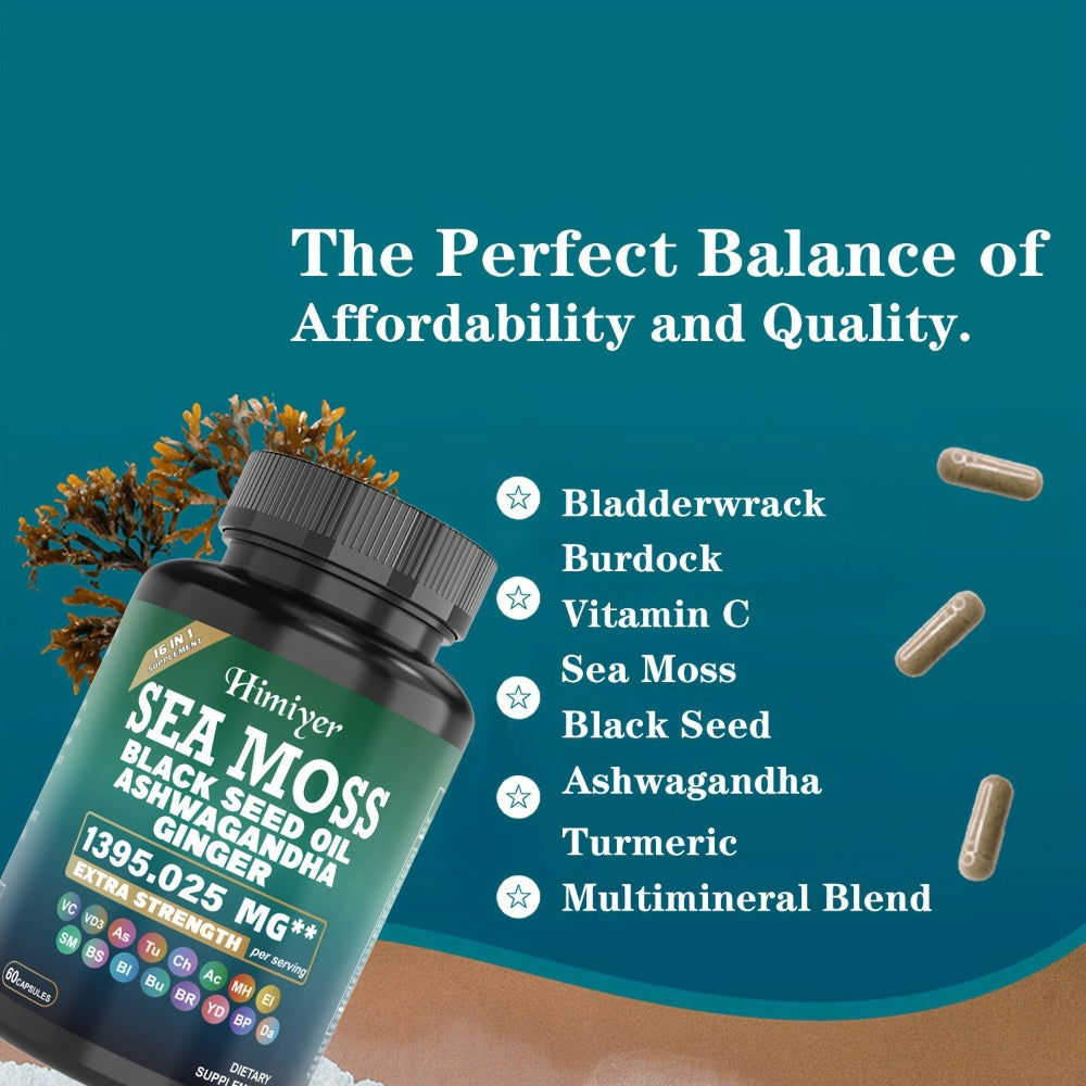 Sea Moss Capsules 3-Pack 180ct with Black Seed Oil Ashwagandha Turmeric Vitamin C D3 for Bath Time, Home Spa and Personal Care