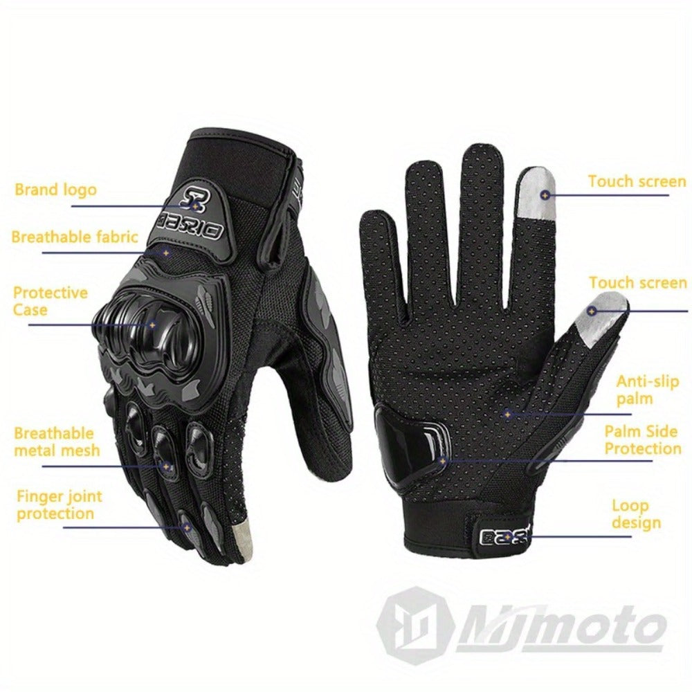 Full-Finger Motorcycle Gloves with Segmented Knuckle Shell, Wrist Tabs, Black or Red in M to XL