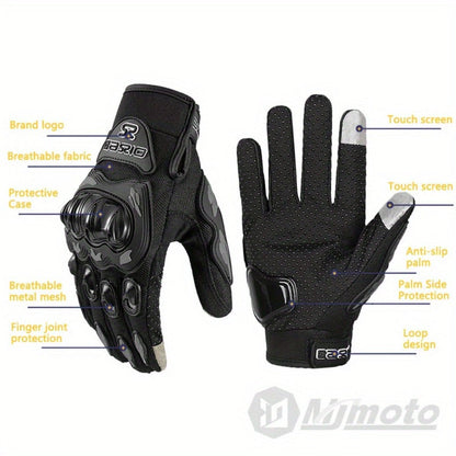 Full-Finger Motorcycle Gloves with Segmented Knuckle Shell, Wrist Tabs, Black or Red in M to XL