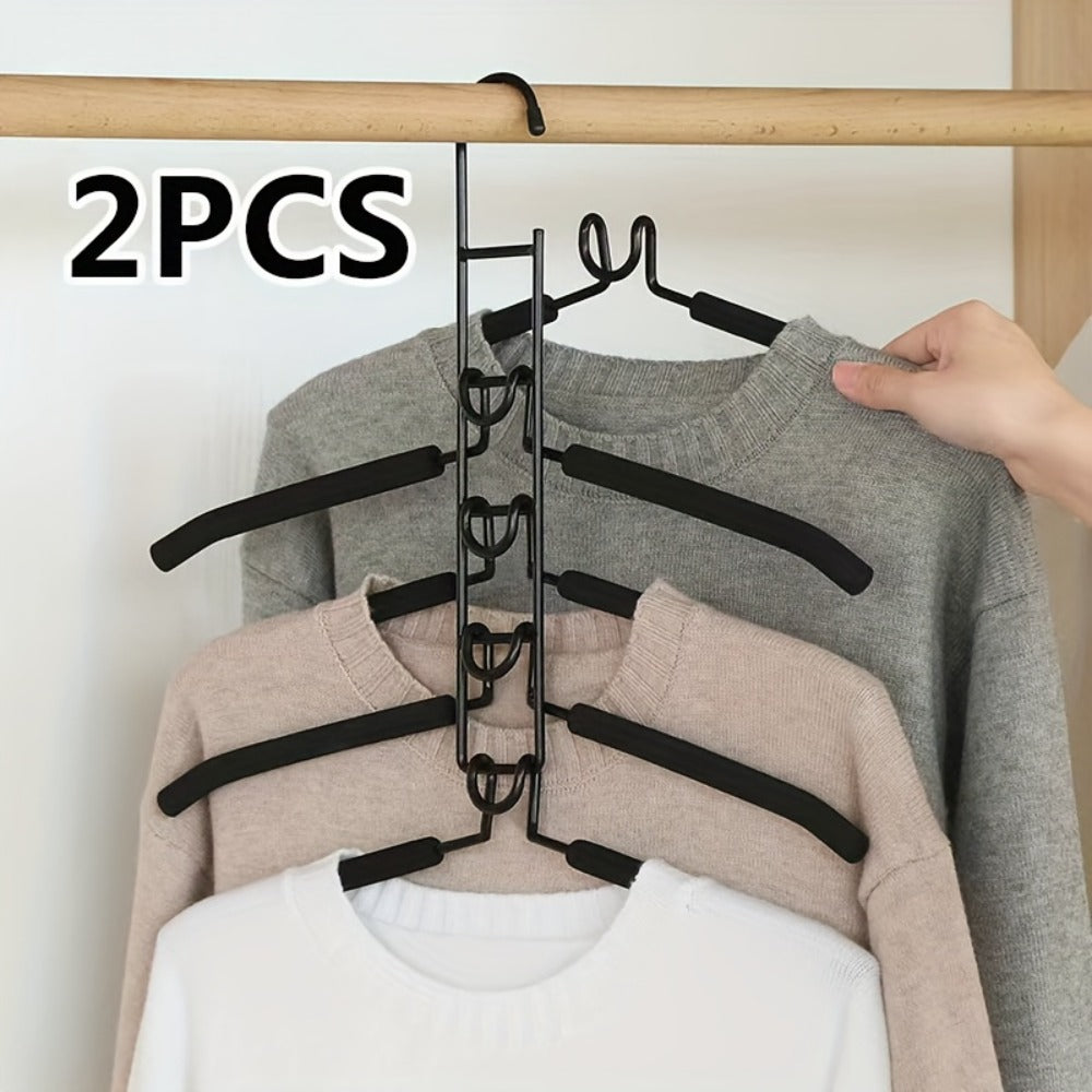 Space Saving Hangers 5-in-1 Multi-Layer Metal Closet Organizer | Heavy Duty Non-Slip Foam Pads | 2 Pack Clothes Hanger for Coats Sweaters
