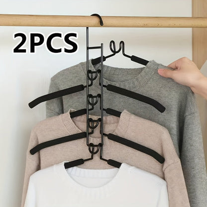 Space Saving Hangers 5-in-1 Multi-Layer Metal Closet Organizer | Heavy Duty Non-Slip Foam Pads | 2 Pack Clothes Hanger for Coats Sweaters