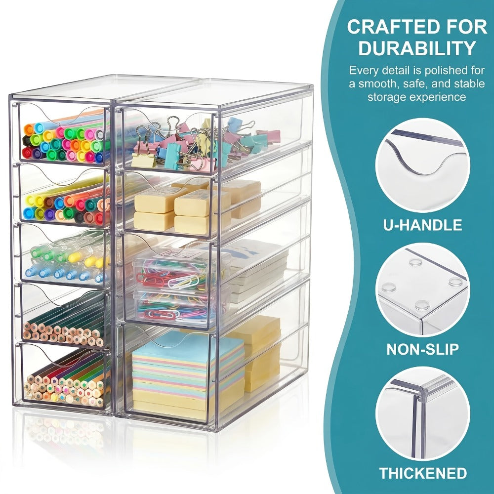 Clear Modular Drawer Organizer with 8- or 16-Drawer Checkout Sets for Office, Makeup and Craft Supplies